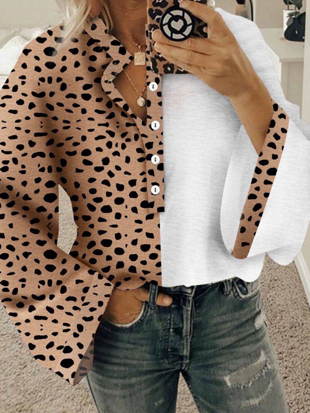 NWOT Two-Tone Animal Print Button Front Top - White and Tan - Picture 1 of 7